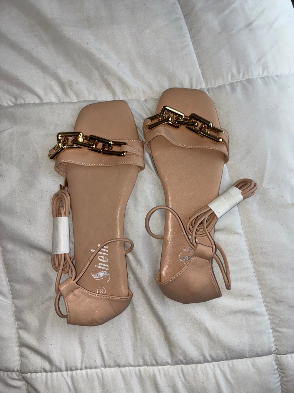 SHEIN Nude Tan Square-Toe Chain Strap Lace-Up Sandals